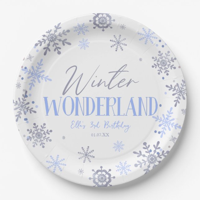 Assiettes En Carton Winter Wonderland Blue Snowflake fête d'anniversai (Devant)