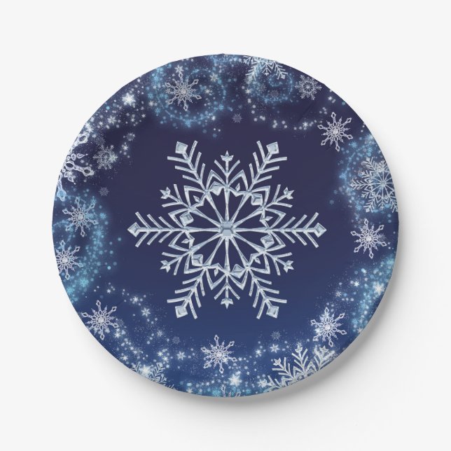 Assiettes En Carton Winter Wonderland Blue & White Sparkies Snowflakes (Devant)