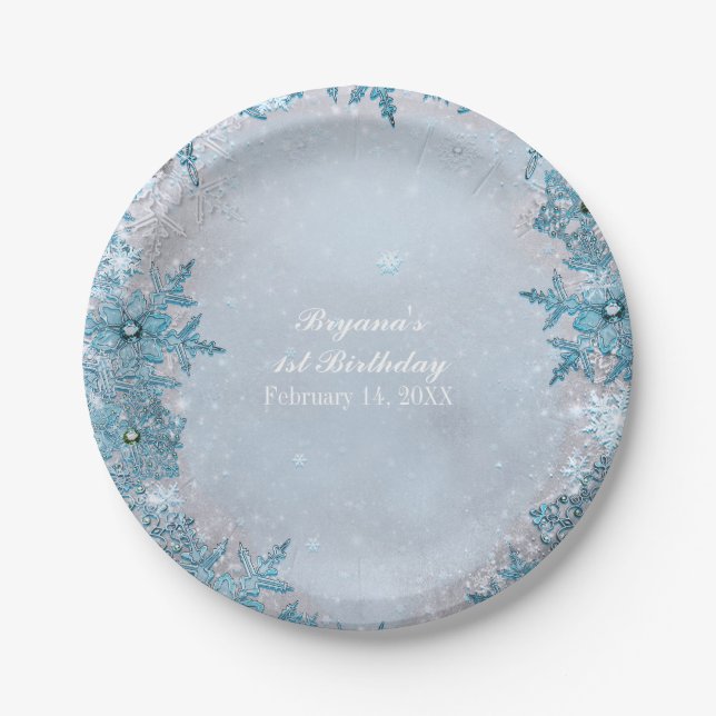 Assiettes En Carton Winter Wonderland Snowflakes Blue Elegant Party (Devant)