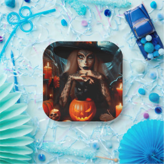 Assiettes En Carton Witch black cat candles Halloween
