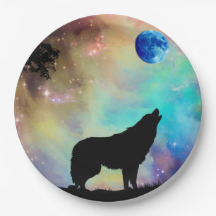 Assiettes En Carton Wolf Howling à la lune Galaxy Stars Animal