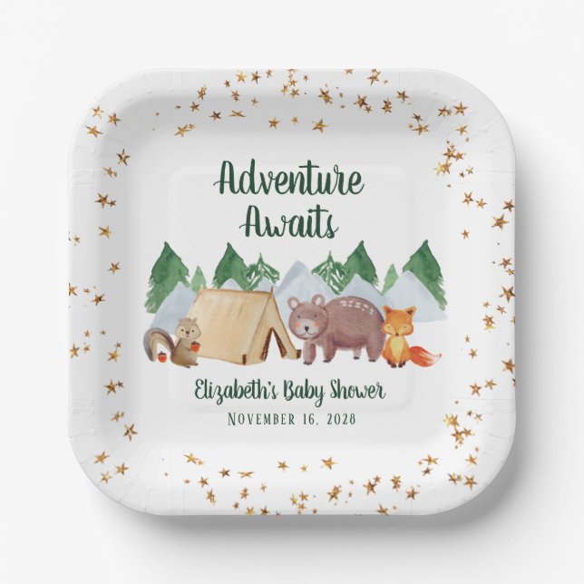 Assiettes En Carton Woodland Animals Adventure Await Baby shower (Recto)