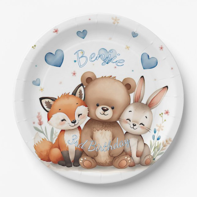 Assiettes En Carton Woodland Animals Party Pastel Blue Hearts Floral  (Devant)