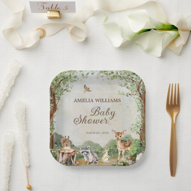 Assiettes En Carton Woodland Baby Shower Forest Animals Greenery (Mariage)