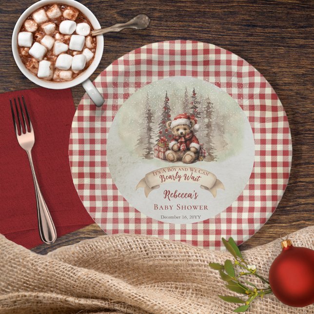 Assiettes En Carton Woodland Bear Bearly Wait Holiday Boy Baby shower ("It's A Boy and We Can Bearly Wait" Baby Shower rustic woodland Christmas Holiday design)