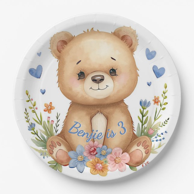 Assiettes En Carton Woodland Bear Blue Theme for Boys Birthday Party (Devant)