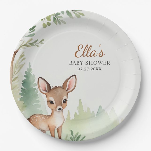 Assiettes En Carton Woodland Deer Forest Neutral Baby Shower Party (Devant)