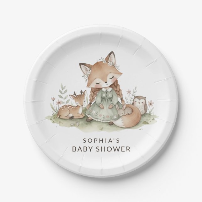 Assiettes En Carton Woodland Fox Girl Baby Shower Paper Plate (Devant)