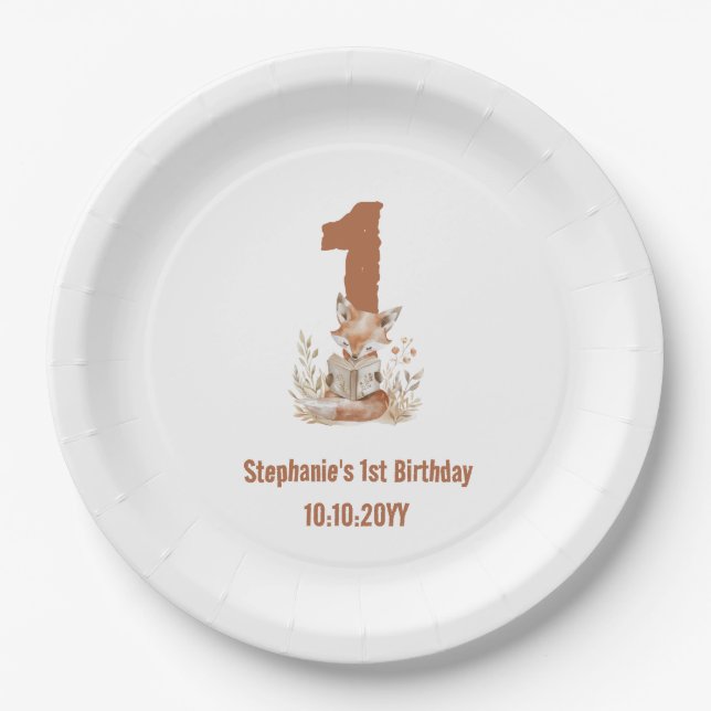 Assiettes En Carton Woodland Fox Lire un livre 1er anniversaire fête (Devant)