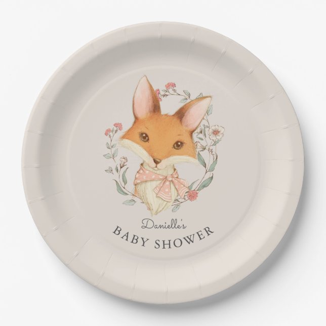 Assiettes En Carton Woodland Fox Portrait Baby shower pour fille (Devant)