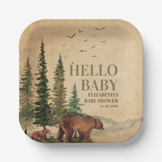 Assiettes En Carton Woodland Mama Bear & Cub Baby shower (Recto)