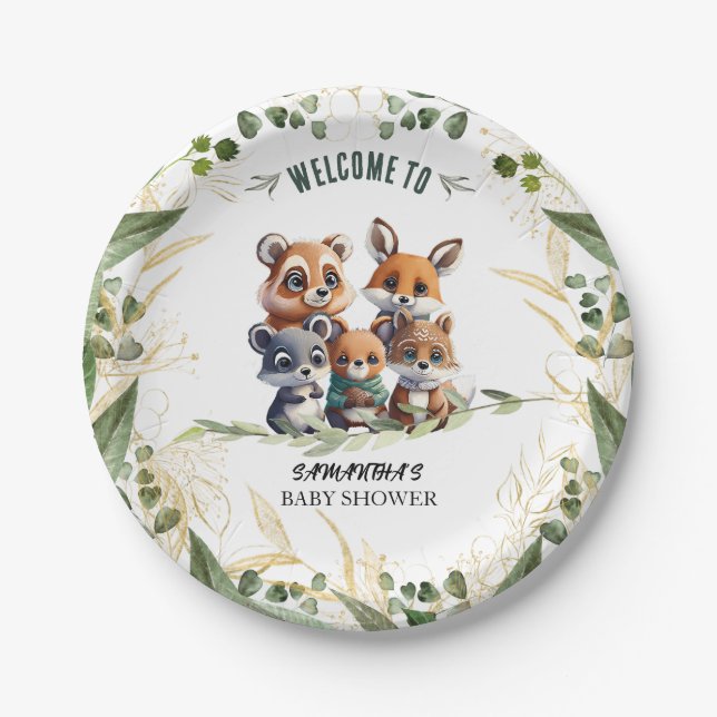 Assiettes En Carton Woodland se demande : Un Baby shower d'amis forest (Devant)