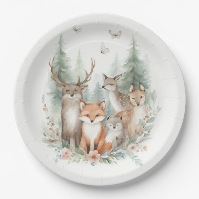 Assiettes En Carton Woodland Watercolor Animals (Devant)