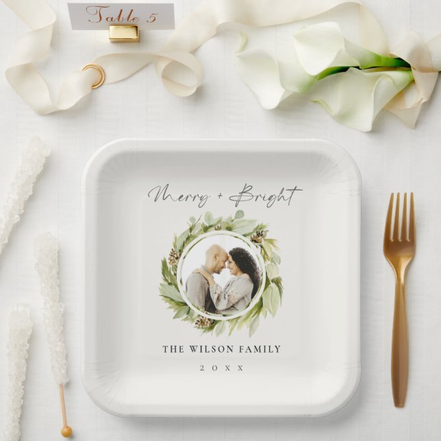 Assiettes En Carton Wreath hiver Joyeux et brillant photo Noël (Mariage)