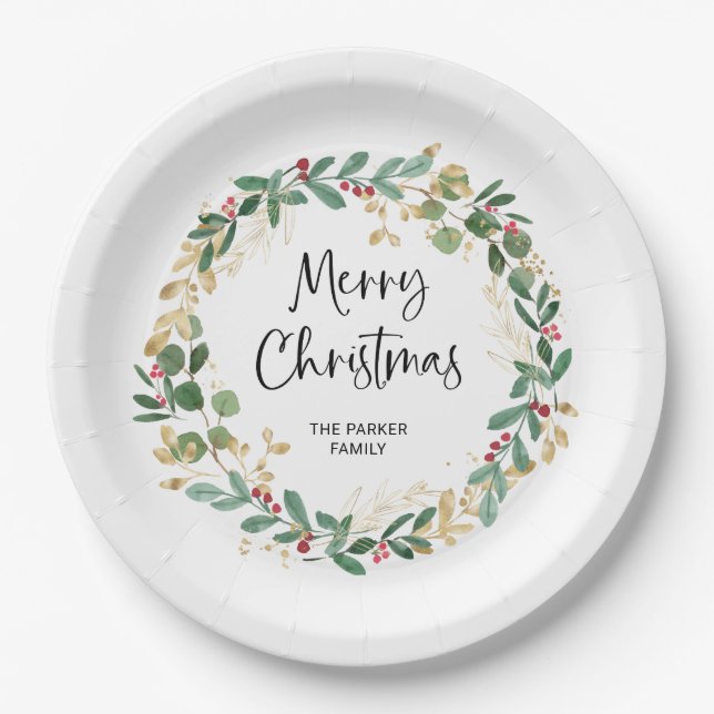 Assiettes En Carton Wreath moderne et script | Joyeux Noël (Devant)