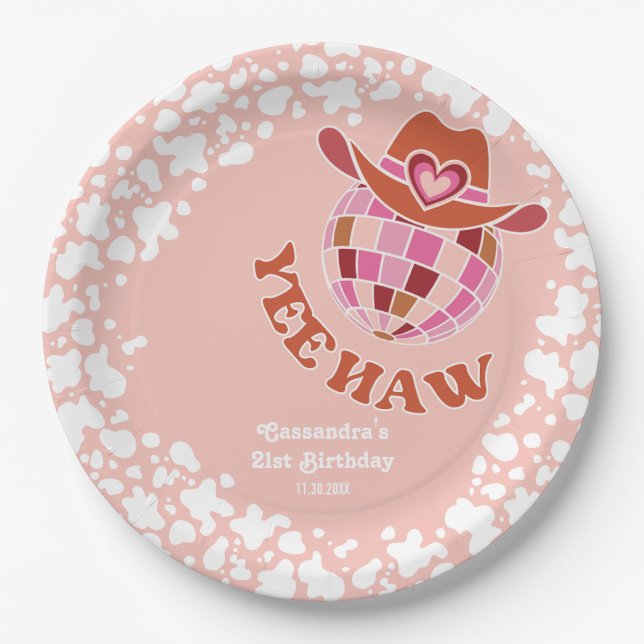 Assiettes En Carton Yee Haw Peach Disco Cowgirl Rodeo Anniversaire (Devant)