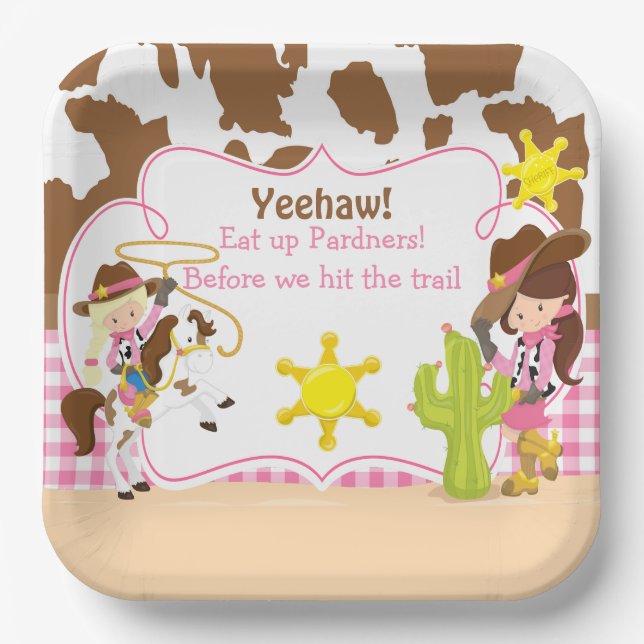 Assiettes En Carton Yeehaw Cowgirl Western fête d'anniversaire (Recto)