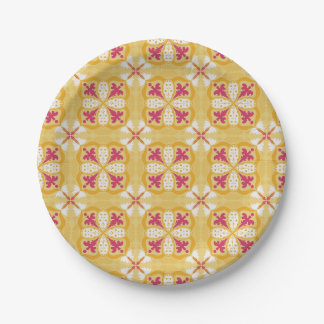 Assiettes En Carton yellow back & symmetrical pink floral pattern 