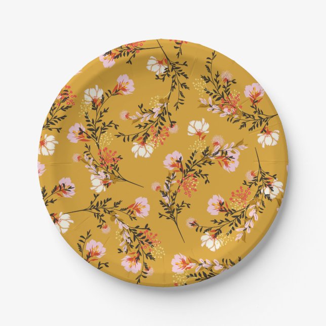 Assiettes En Carton Yellow background flowers (Devant)