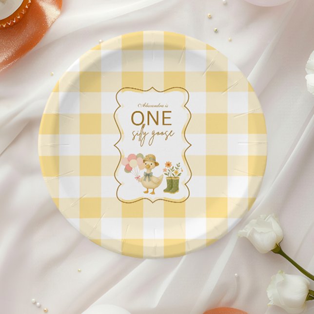 Assiettes En Carton  Yellow Gingham Silly Goose 1st Birthday (Créateur téléchargé)