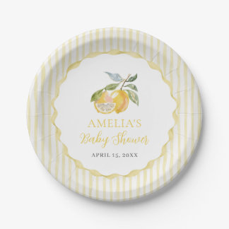 Assiettes En Carton Yellow Lemon Citrus Stripes Baby Shower