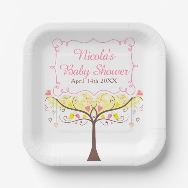 Assiettes En Carton Yellow Pink Floral Bird Baby Shower  (Recto)