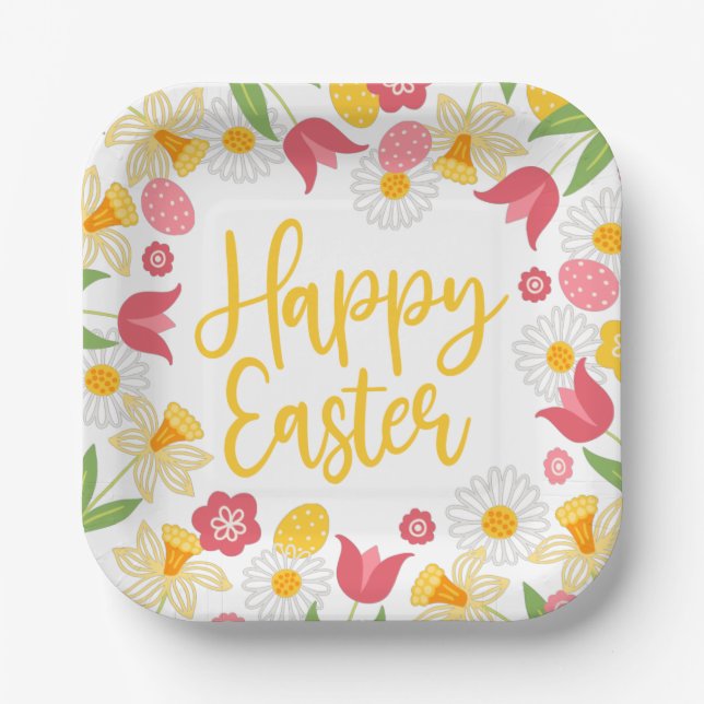 Assiettes En Carton Yellow Red Floral Spring Easter (Recto)