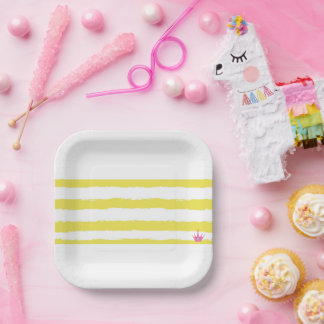 Assiettes En Carton Yellow stripes and a pink crown Paper Plate