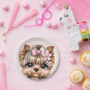 Assiettes En Carton Yorkie mignonne avec une corse rose