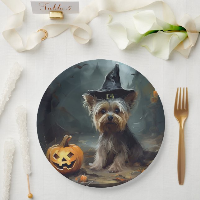Assiettes En Carton Yorkshire Terrier Citrouilles Halloween effrayant (Mariage)