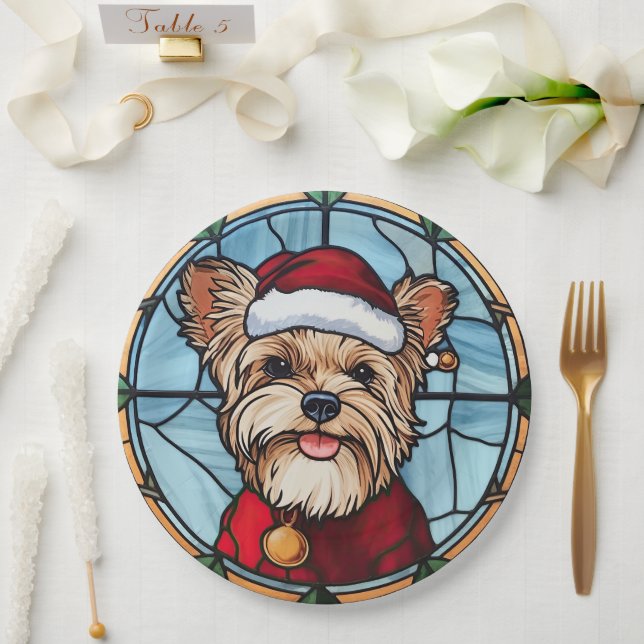 Assiettes En Carton Yorkshire Terrier Vitrail Noël (Mariage)
