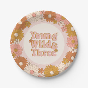 Assiettes En Carton Young Wild et Three Retro Daisy 3e anniversaire