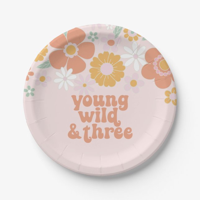 Assiettes En Carton Young Wild Three anniversaire Floral rétro (Devant)