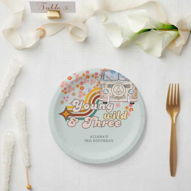 Assiettes En Carton Young Wild & Three daisy Van 3e anniversaire rétro (Mariage)