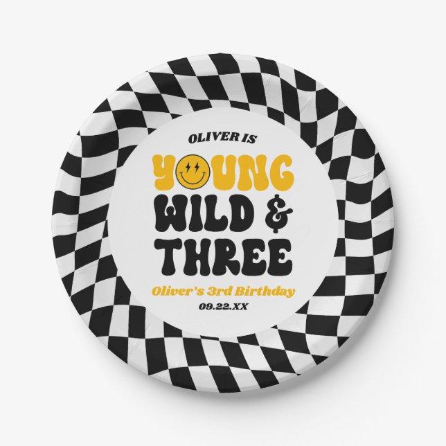 Assiettes En Carton Young Wild & Three Retro Third 3rd Birthday Party (Devant)