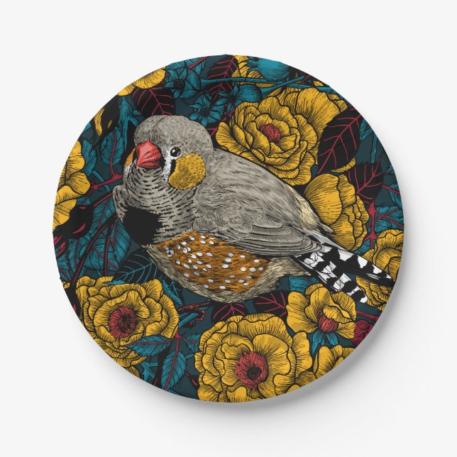 Assiettes En Carton Zebra finch et buisson rose (Devant)