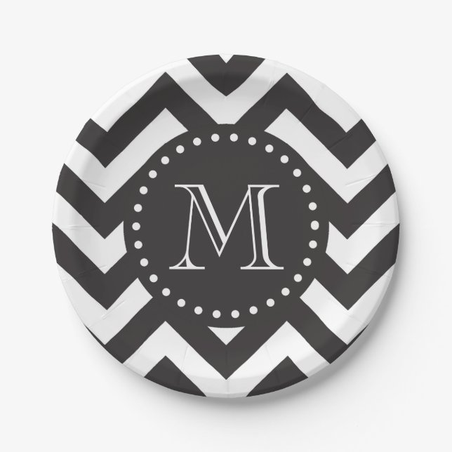 Assiettes En Carton Zigzag noir et blanc Chevron Monogramme (Devant)
