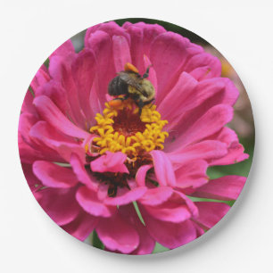 Assiettes En Carton Zinnia rose et Bumble bee