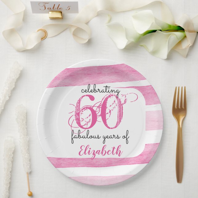 Assiettes en papier 60 ans d'anniversaire rose fab (Mariage)