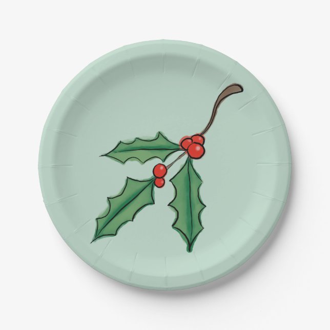 Assiettes en papier à baies de houx de Noël (Devant)