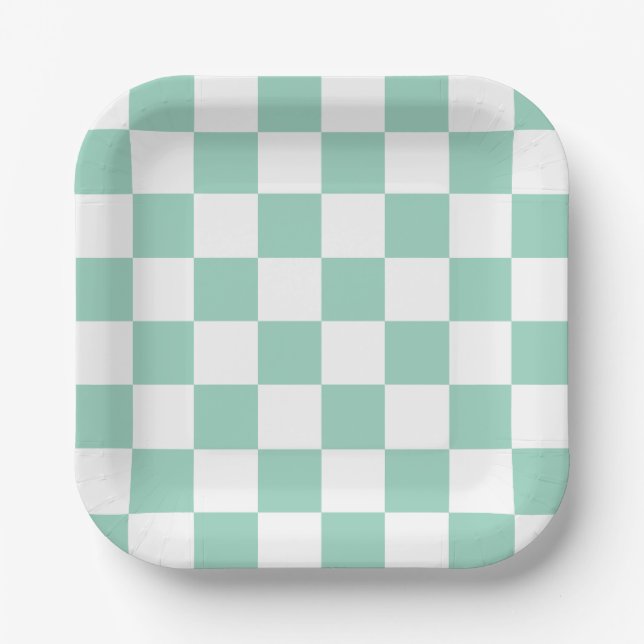 Assiettes en papier à carreaux blanc et sarcelle (Recto)