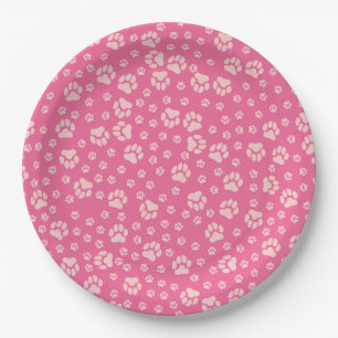 Assiettes en papier à empreinte de patte rose vif