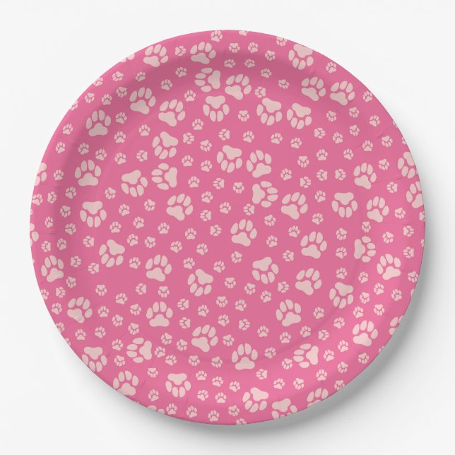 Assiettes en papier à empreinte de patte rose vif (Devant)