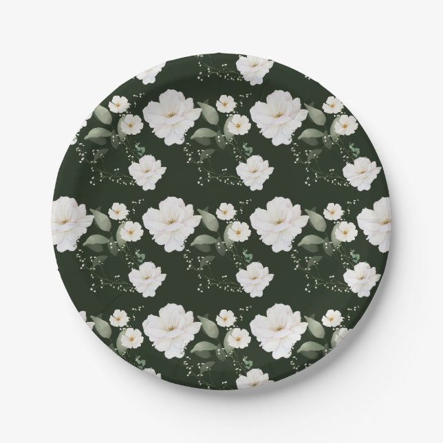 Assiettes en papier à fleurs rose blanche sur fond (Devant)