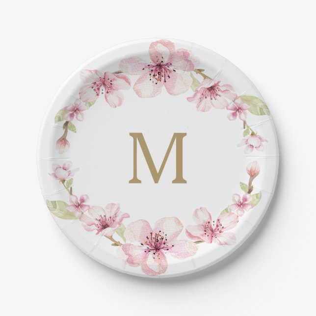 Assiettes en papier à monogramme de fleurs de ceri (Devant)