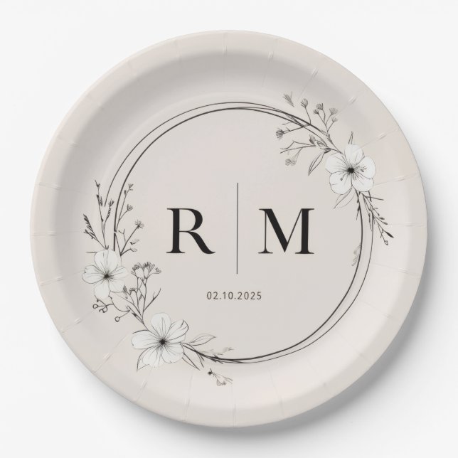 Assiettes en papier à monogramme floral minimal él (Devant)