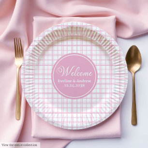 Assiettes en papier à tartan rose Chic Nom personn