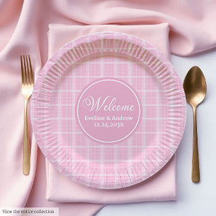 Assiettes en papier à tartan rose moderne monogram