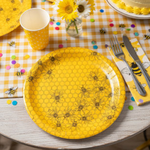 Assiettes en papier abeille jaune et miel & en nid