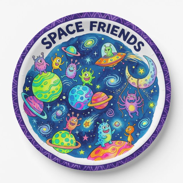 Assiettes en papier "Amis de l'espace" avec des al (Devant)